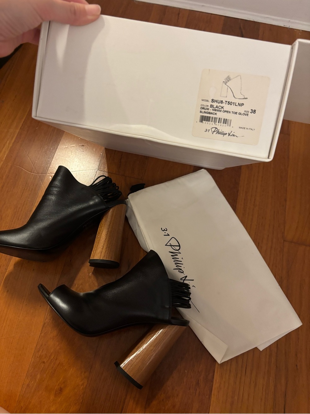 3.1 Phillip Lim Black Leather open-toe drum slingback Block Heels